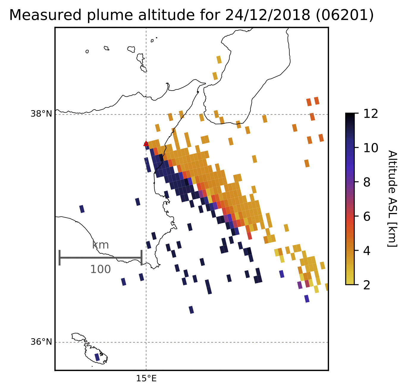 Plume altitude, derived from PlumeTraj modelling